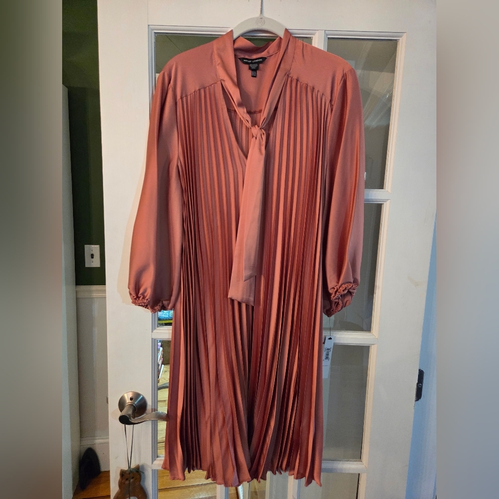 Maggy Londom Pleated Tie-Neck Midi Dress - Copper - Size 16
